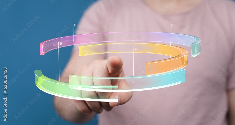 Poster person interacting with a colorful 3d chart. perfect for data analysis, technology, and business pre