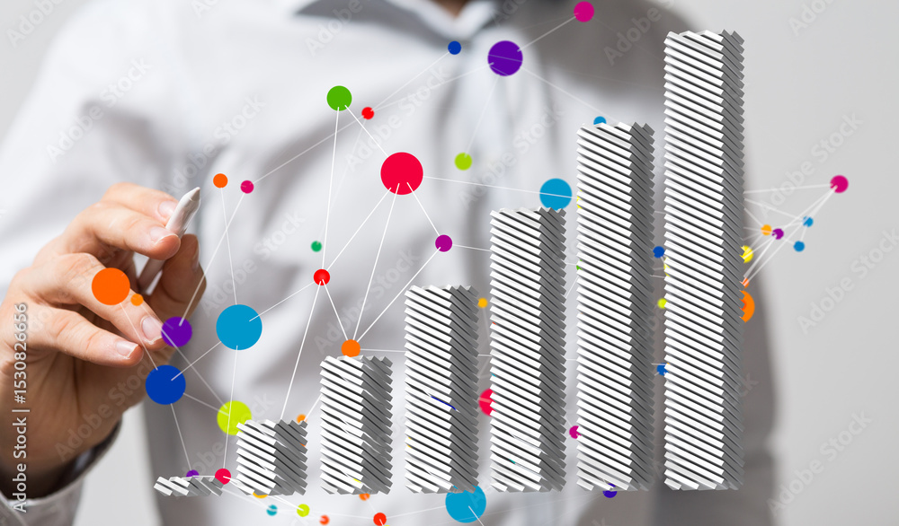Poster visual representation of business growth, showing data analysis and strategic planning.