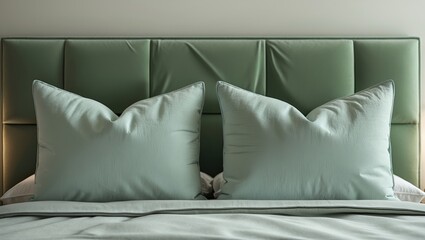 Create a modern style bedroom featuring a green headboard and twin pillows for a cozy ambiance.