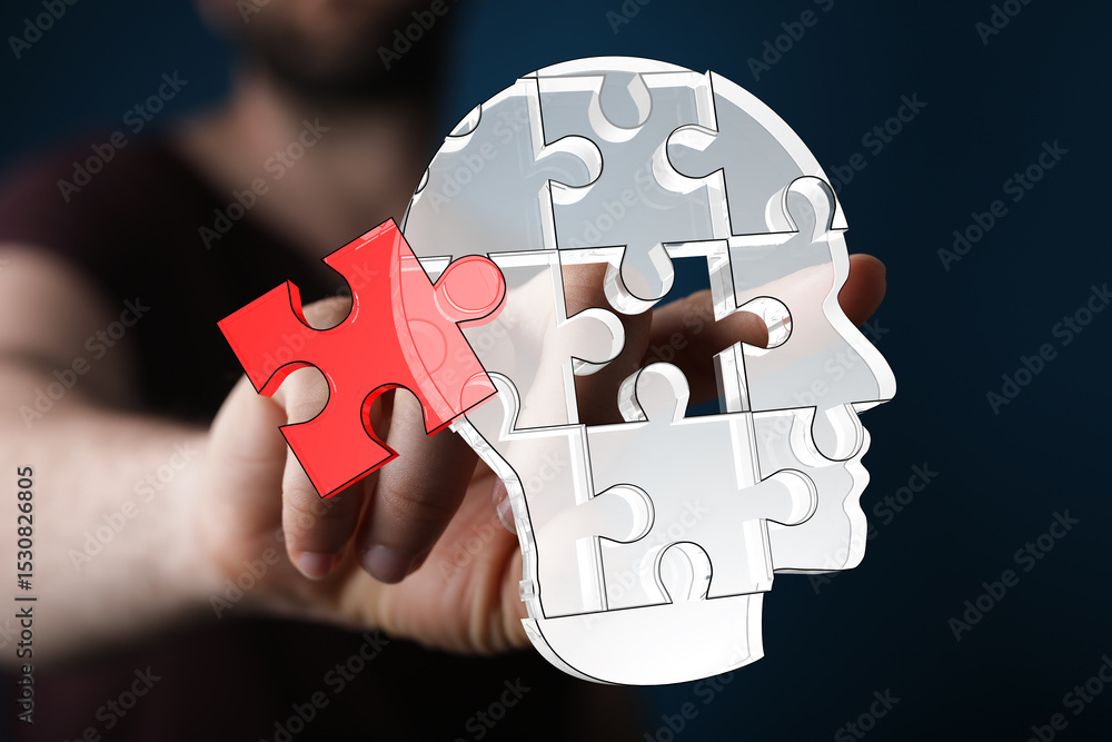 Poster abstract image depicting a person completing a jigsaw puzzle shaped like a head, symbolizing problem
