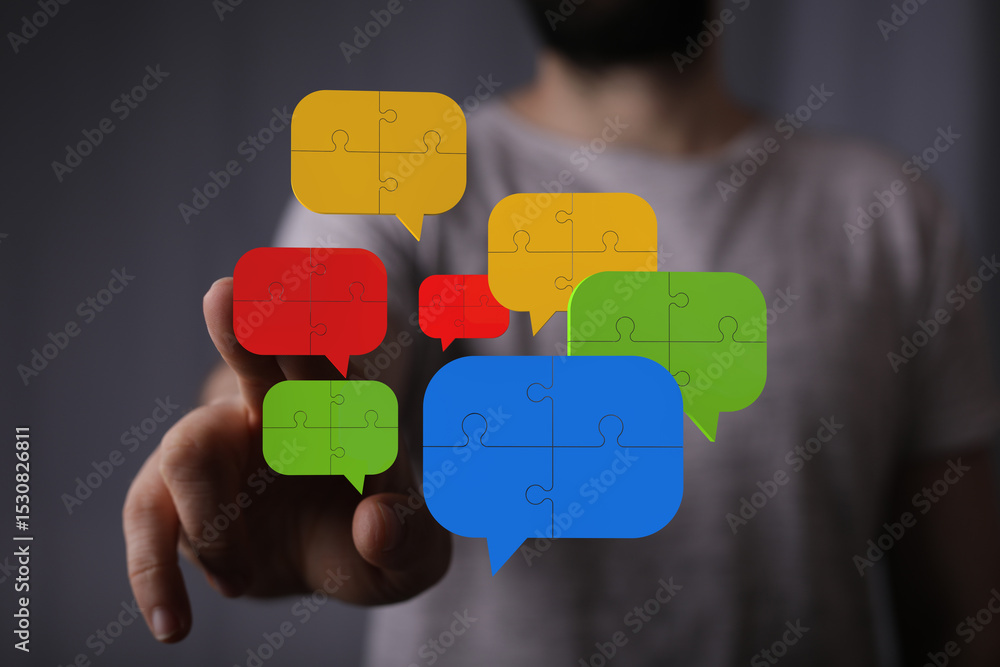 Poster colorful puzzle pieces in speech bubbles illustrate teamwork, communication, and problem-solving.