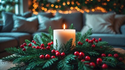 Create a cozy living room decor featuring lush greenery and warm candlelight.