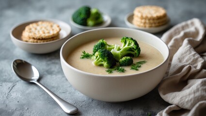 Creamy white bean and broccoli soup puree served in a bowl.
