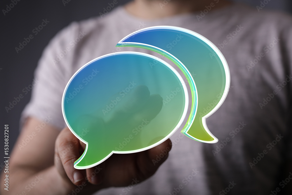 Poster abstract image of a person holding holographic speech bubbles. perfect for communication, dialogue, 