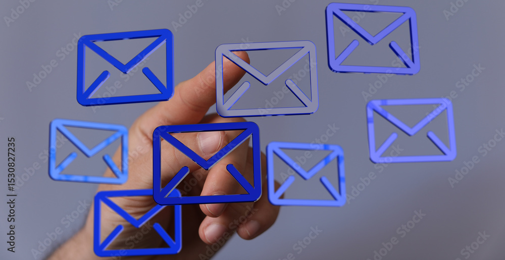 Poster Abstract image of a hand interacting with email icons.  Perfect for digital communication, technology, and networking concepts.