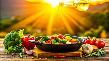 Fresh vegetable salad cooking with olive oil in outdoor natural sunlight setting
