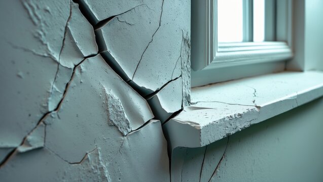 Cracks on the wall at the house or residence. The crack in the cement wall at the window sill, resulting from ground subsidence, created a slit.