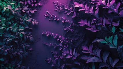 Creative tropic purple leaves layout with neon concept. Flat lay design. Background composed of fresh leaves. Collection assembled from multiple photos.
