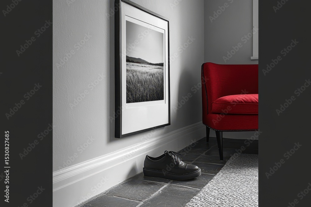 Poster framed monochromatic print hangs in a neutral room as light filters through the adjacent sitting roo