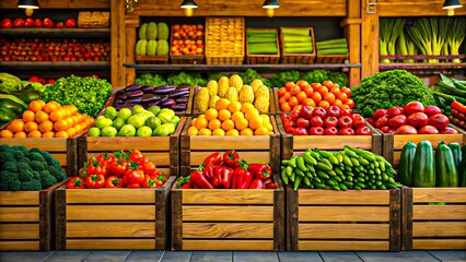 Colorful fresh fruits and vegetables arranged in wooden crates at local market stall
