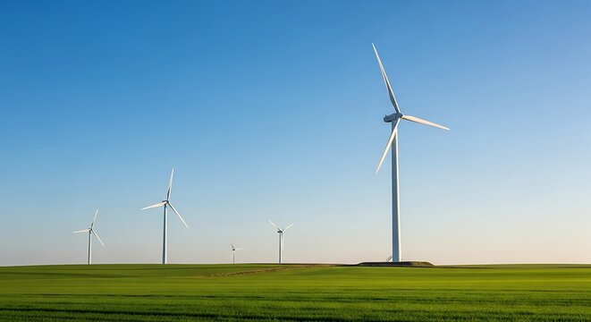 Wind turbines in a green field under a clear blue sky. 