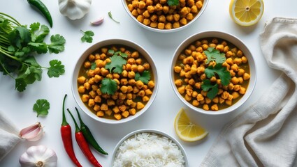 Crispy roasted chickpeas served in bowls against a white background. Vegetarian vegan food idea. Top view, flat lay.