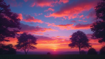 Crimson dawn illuminating the sky with clouds and trees.