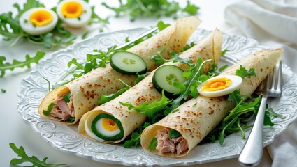 Crepes filled with tuna, cucumber, eggs, and arugula salad.