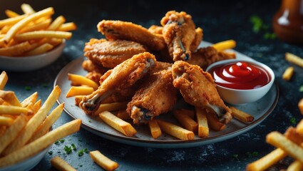 Crispy fried chicken wings served with French fries and ketchup on a plate, an ideal comfort food meal.