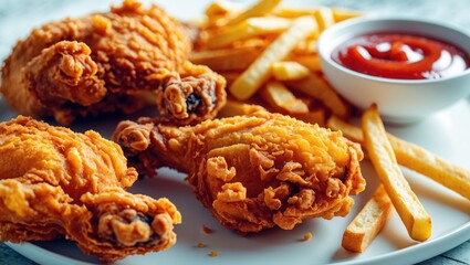 Crispy fried chicken broast served with French fries.