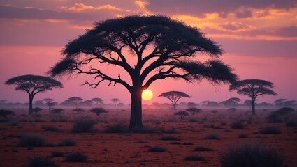 Obraz premium Crimson sunrise over a thorn tree at dawn.