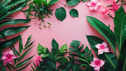 Creative layout composed of tropical flowers and palm leaves on a pastel pink background, viewed from above, flat lay.