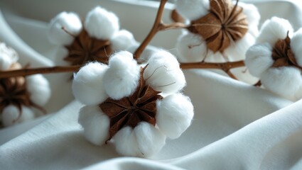 Close-up of a cotton branch with fluffy flowers on fabric.
