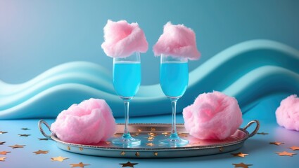 Cotton candy cocktails in glasses with confetti on the background, ideal space for text.