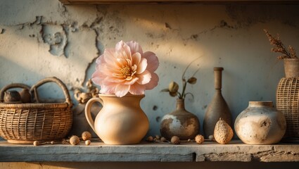 Vintage cottage decoration featuring a cement wall as retro style background with flowers on the shelf.