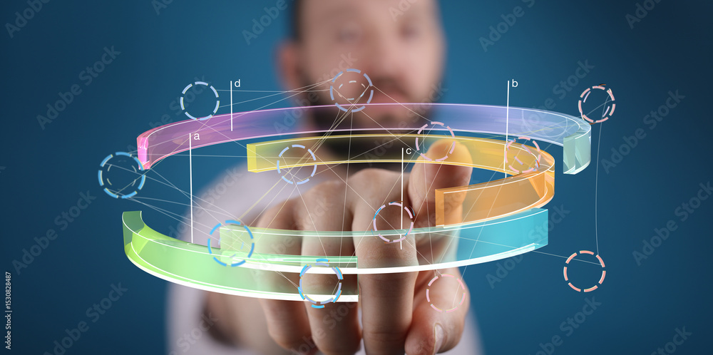 Aufkleber Abstract image of a person interacting with a futuristic data visualization interface.  Perfect for technology, innovation, and digital concepts.