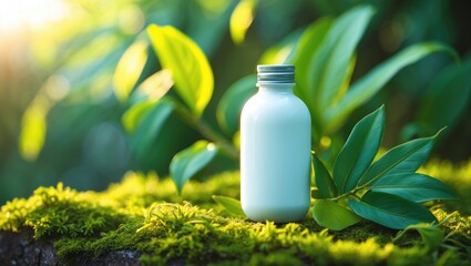 Cosmetic bottle set against a background of nature.