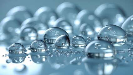 Cosmetic texture featuring transparent hyaluron, peptide, serum drops on a blue background.