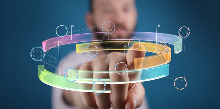 Abstract image of a person interacting with a futuristic data visualization interface.  Perfect for technology, innovation, and digital concepts. - Powered by Adobe