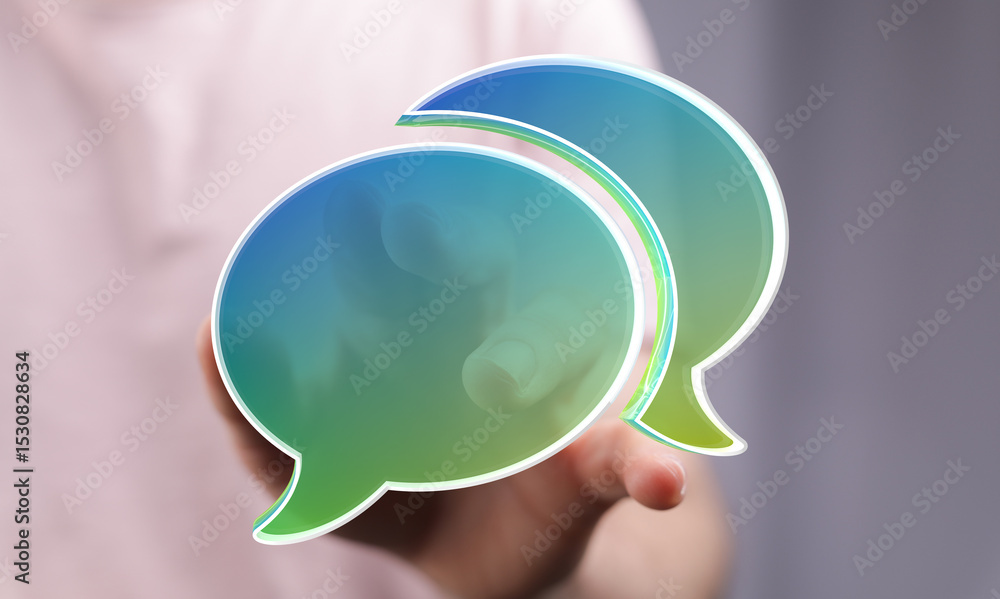 Aufkleber Abstract image of a hand holding digital speech bubbles. Ideal for communication, conversation, and connection concepts.
