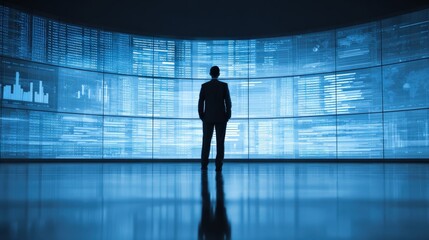Corporate analyst standing beside screen with financial overview.