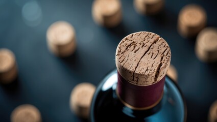 Cork in the wine bottle with blurry background, viewed from above.