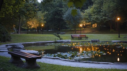 tranquil park at twilight where fireflies dance above a small pond and benches invite quiet reflection, Generative AI