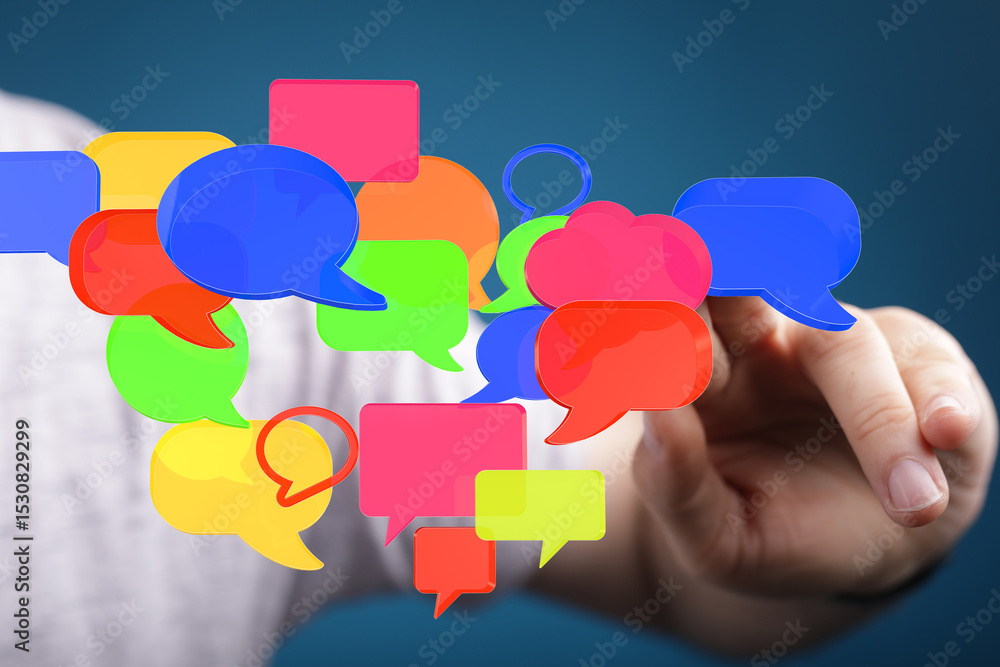 Poster abstract image of colorful speech bubbles, representing communication, social media, and online inte