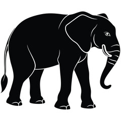 Solid black elephant stands with its trunk curved in an iconic, stylistic design