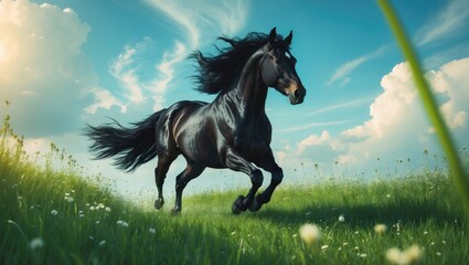 Black stallion races across lush green field.