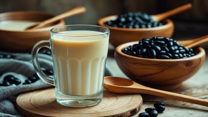 Black soy bean seeds and soy milk in a cup glass, nutritious beverage.