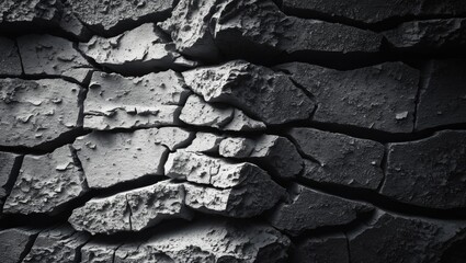 Black white grunge background featuring an old cracked damaged destroyed stone wall. Close-up shot. Design-ready backdrop. Wide panoramic banner.