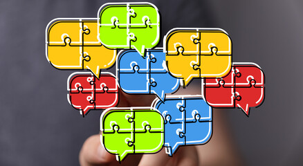 Colorful puzzle pieces in speech bubbles,teamwork, solutions, ideas.
