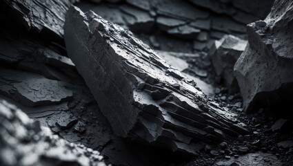 Black white rock texture with a rough surface. Close-up of a dark volumetric stone background featuring crumbled and weathered details, providing space for design.