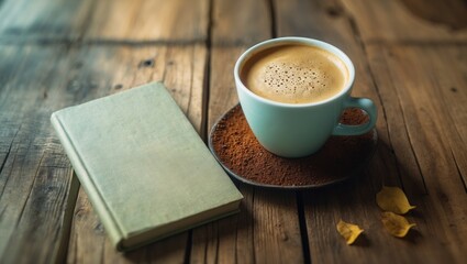 Blank book and coffee cup on vintage wood background. Responsive design template. Flat lay.