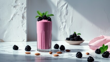 Blackberry berry cocktail or smoothie served in modern glassware shaped like a beer can with eco straw, placed against a white brick wall. healthy eating