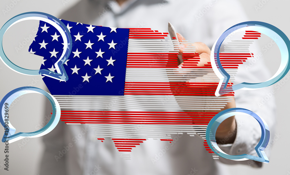 Aufkleber Image depicts a person interacting with a digital US map overlaid with chat bubbles, symbolizing public discourse and online engagement.