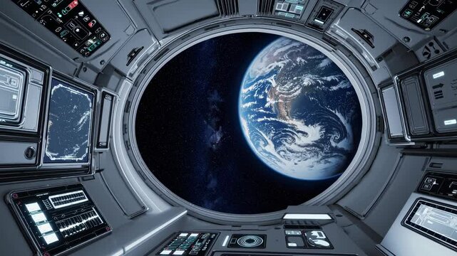 Earth view from space capsule window rotating with expansive galaxy backdrop in zero gravity