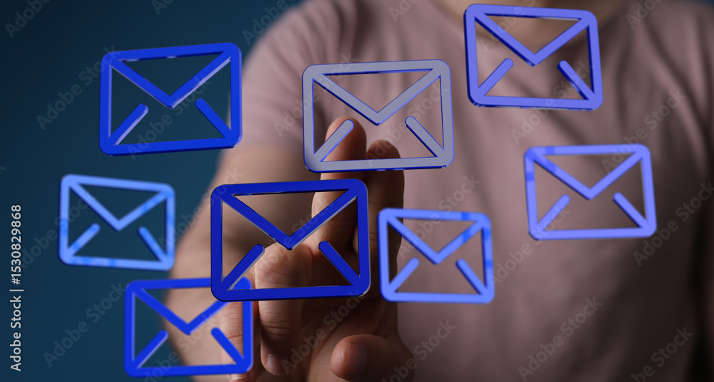 Poster Hand interacting with digital email icons,concept of inbox management, email overload, digital communication.