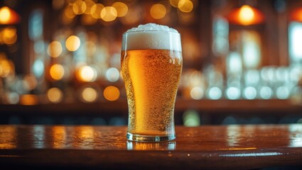 Beer glass on the bar counter.
