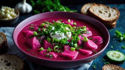 Beet cream soup with yogurt, cucumbers, and dill served in a bowl on a dark background with empty space. Cold summer soup. Top view, flat lay
