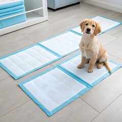 Golden retriever puppy sitting on puppy pads in a room with a white shelf and blue accents
