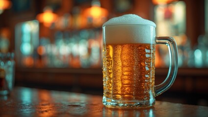 Beer Pint with freshly poured Ale set against a blurred industrial interior background.