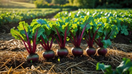Beets grow in the garden under mulch, as part of organic farming practices in an open-air environment.